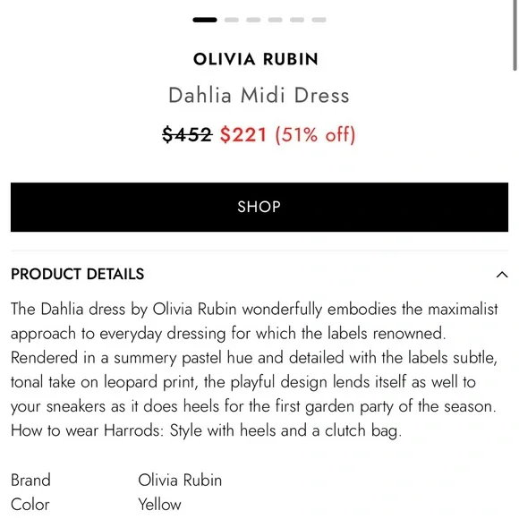 Olivia Rubin Dahlia Midi Dress Yellow Long Sleeve Button